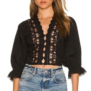 Free People Black Lace Trim Button-Front Blouse (M)